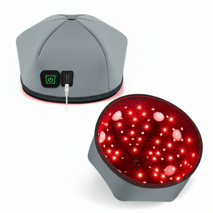 Gray electronic head device with red light panel on a white background